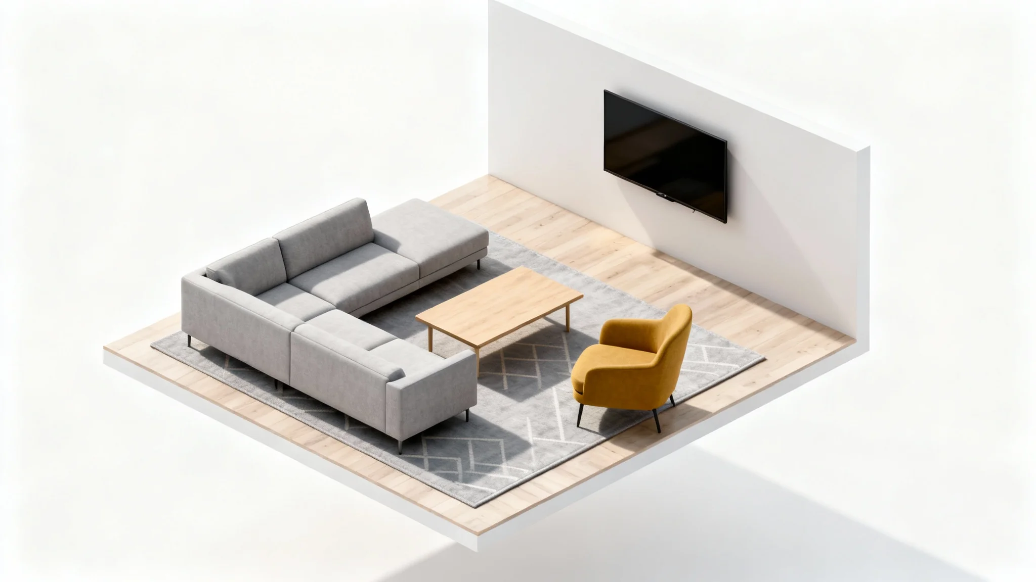 An isometric 3D rendering of a modern living room layout, showcasing a sofa, armchair, coffee table, and TV arranged in a cutaway view against a plain white background.