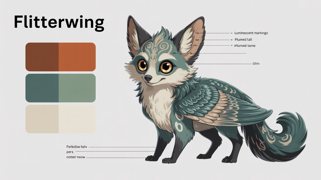 A professional character reference sheet for a fantasy creature, showing front, side, and back views with color swatches and descriptive text annotations.