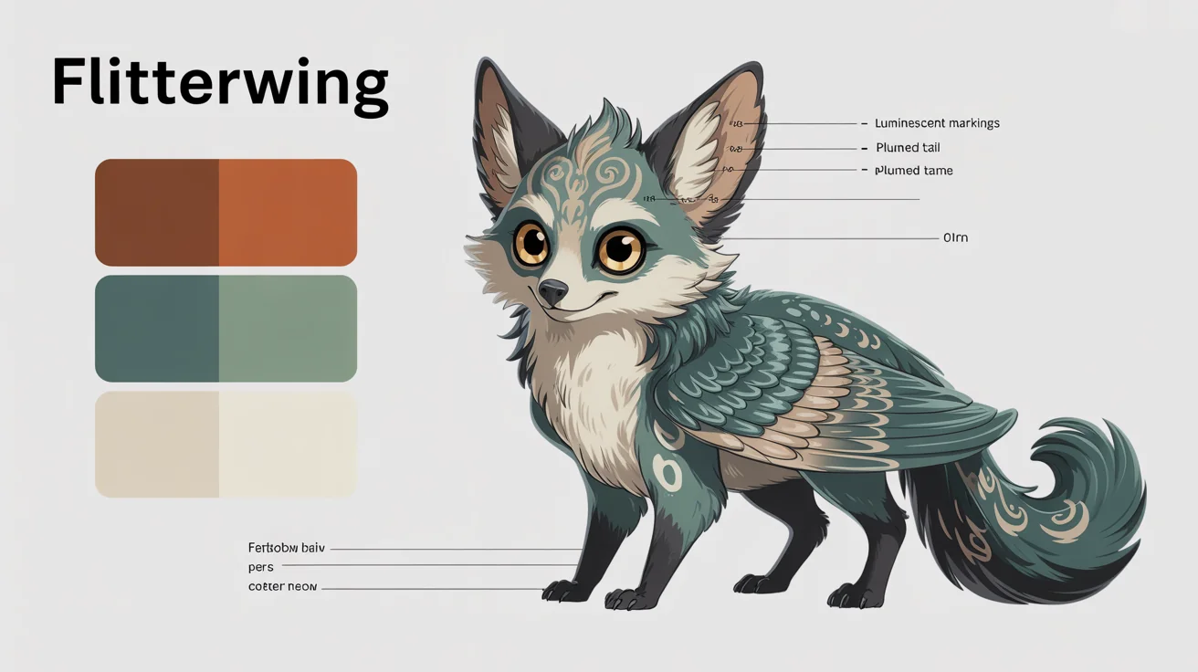 A professional character reference sheet for a fantasy creature, showing front, side, and back views with color swatches and descriptive text annotations.