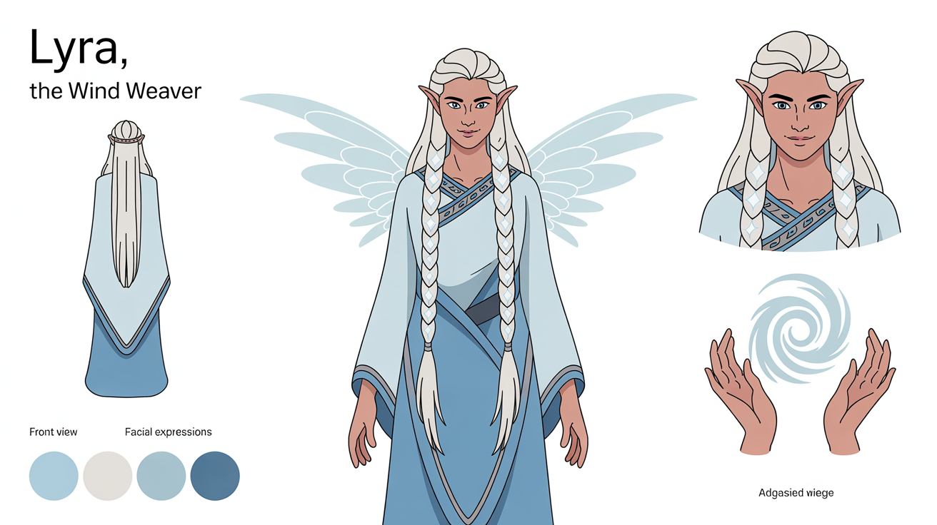 A character reference sheet for a fantasy elemental mage named Lyra. It shows a full-body front view, a back view, facial expressions, and a color palette against a white background.
