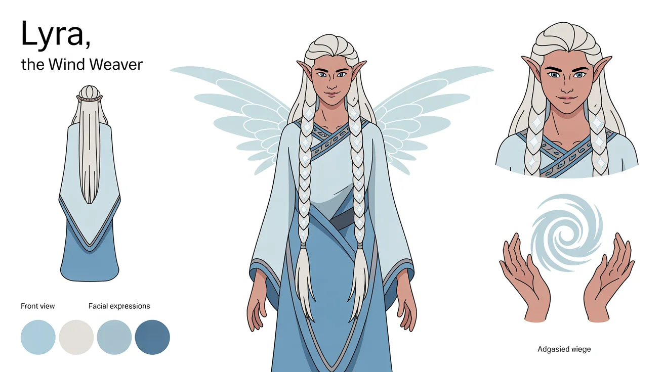 A character reference sheet for a fantasy elemental mage named Lyra. It shows a full-body front view, a back view, facial expressions, and a color palette against a white background.