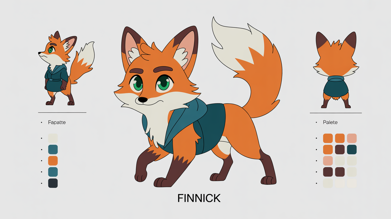 A character reference sheet for an anthropomorphic fox character named Finnick, showing front, side, and back views, along with a color palette. The style is clean digital concept art on a white background.