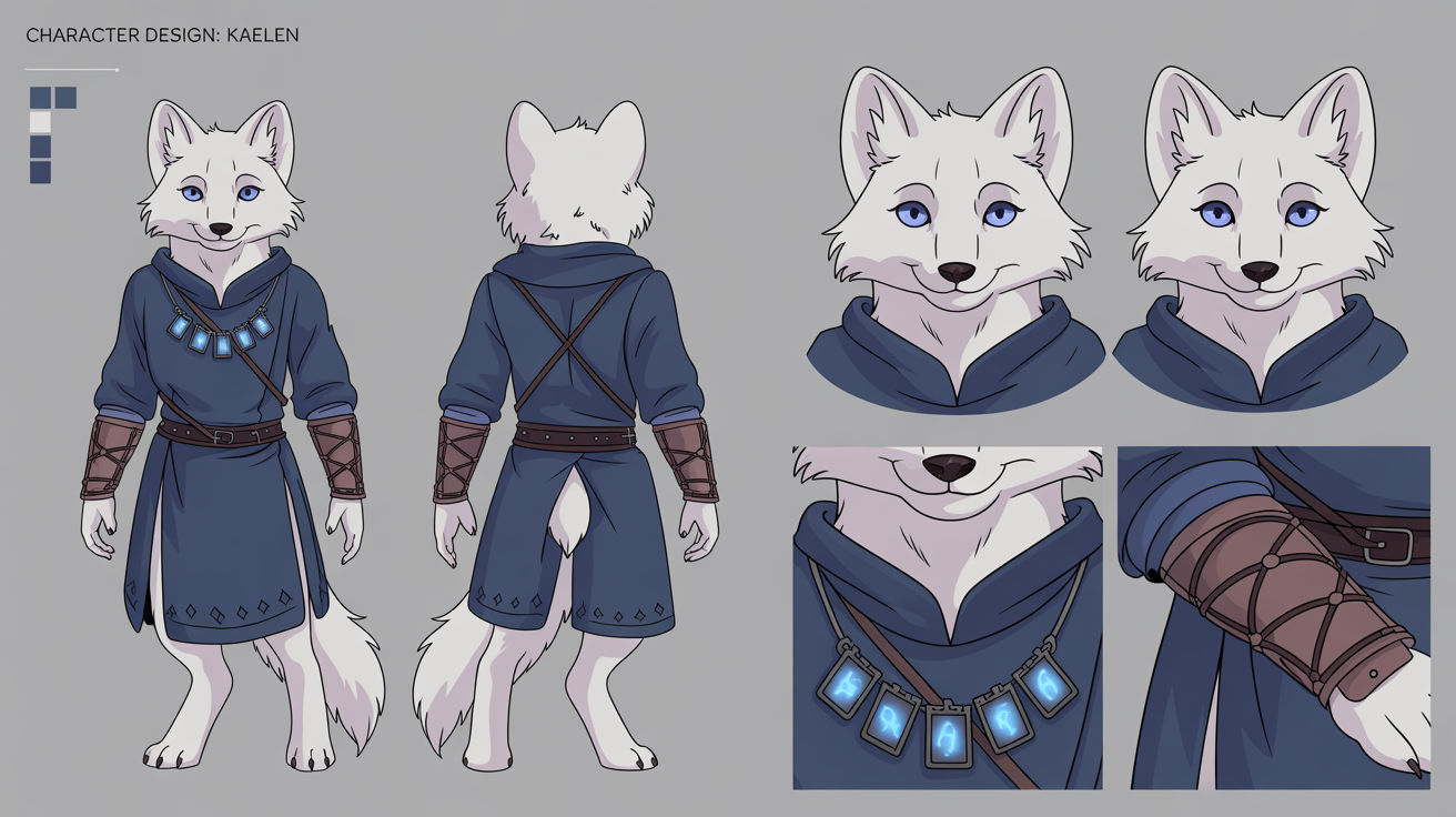 A professional character reference sheet for an anthropomorphic arctic fox named Kaelen. The sheet shows the character from the front, back, and side, with additional illustrations for expressions, item details, and a color palette, all on a clean white background.