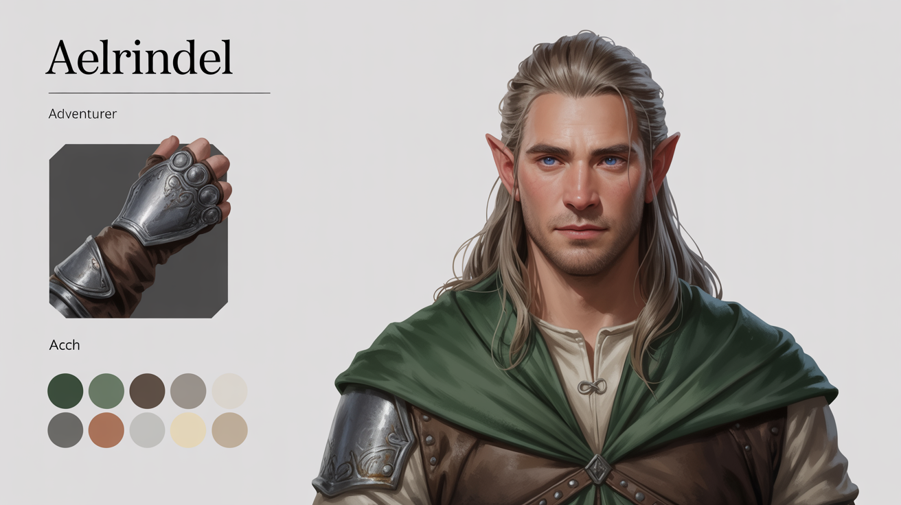 A digital art character reference sheet of a male elf adventurer. It shows full-body front and back views, a side profile, a close-up of a gauntlet, and a color palette, all on a white background.