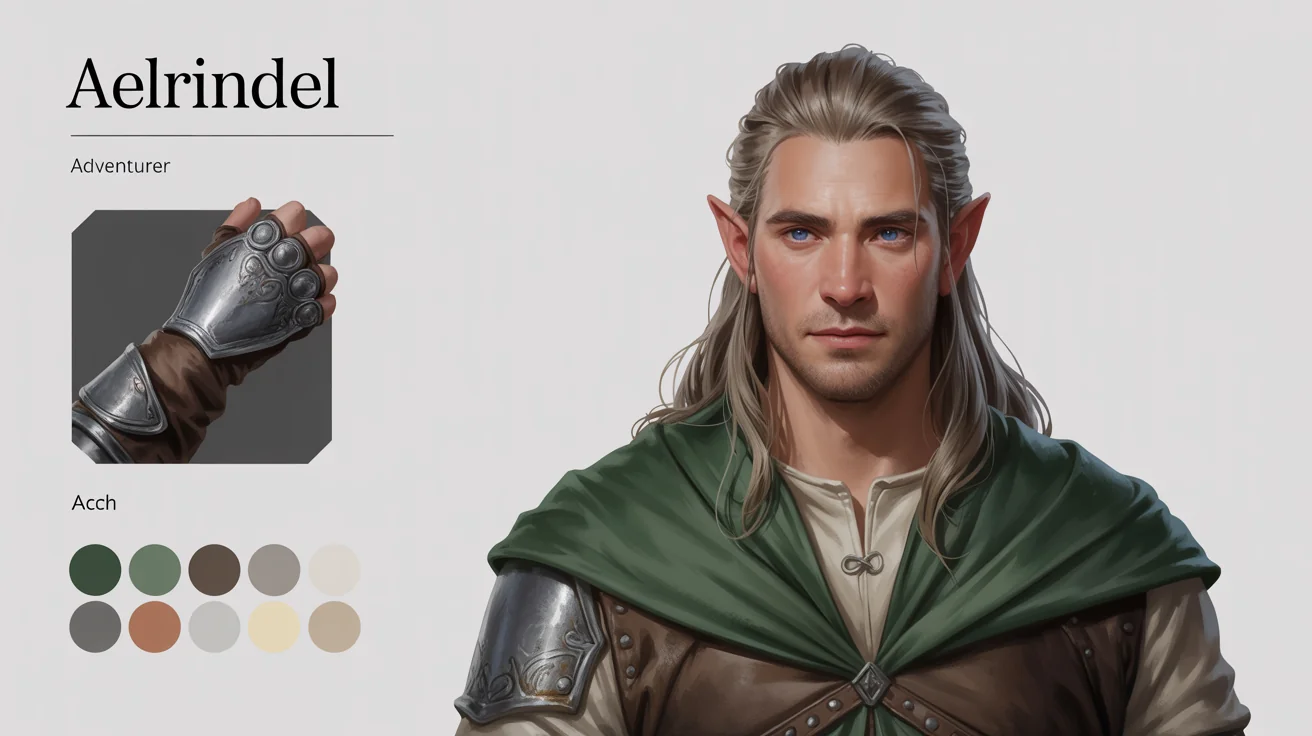 A digital art character reference sheet of a male elf adventurer. It shows full-body front and back views, a side profile, a close-up of a gauntlet, and a color palette, all on a white background.