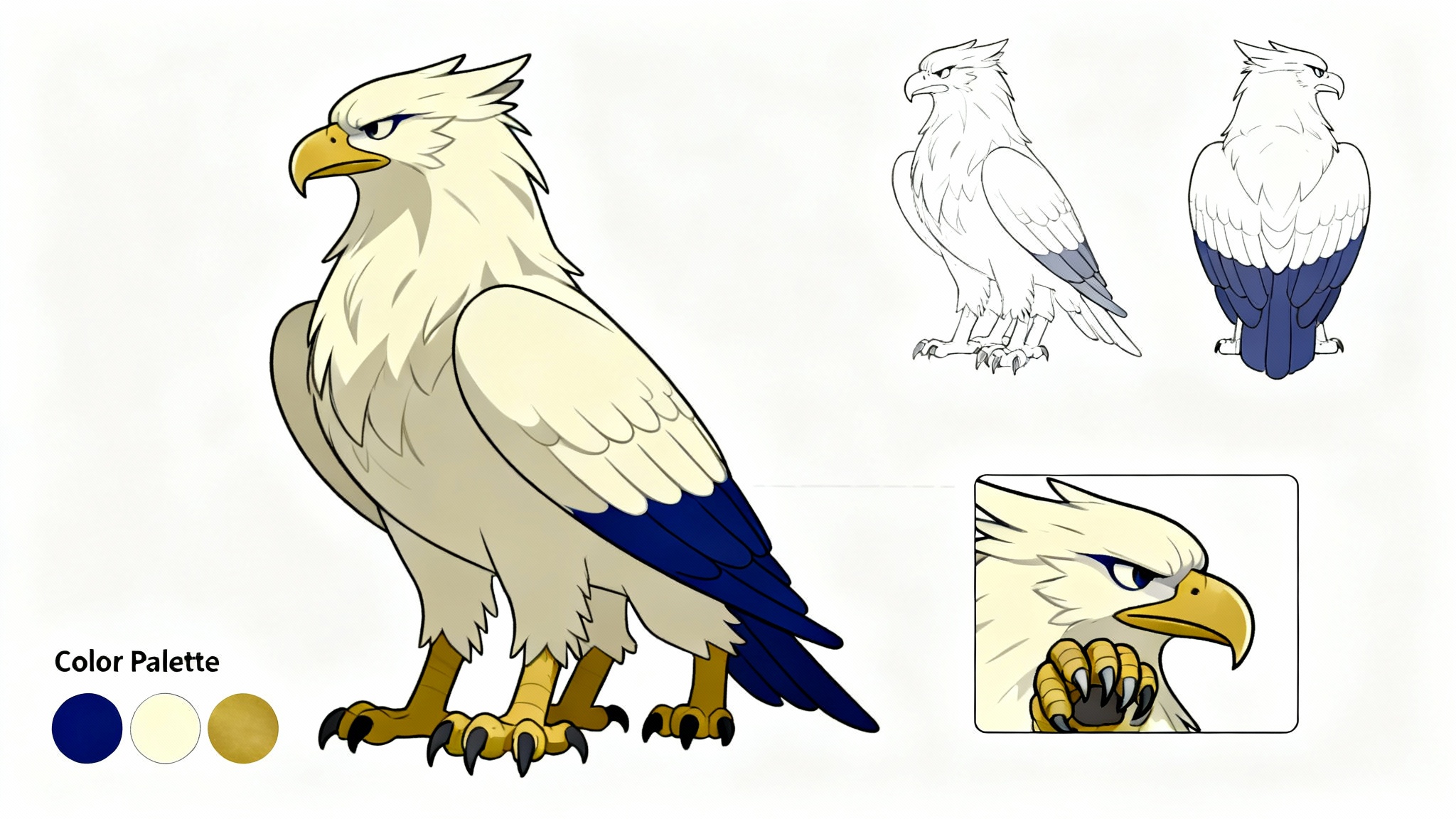 A professional character reference sheet of a stylized griffin against a white background, showing side, front, and back views, along with detail shots of its head and claws, and a color palette.