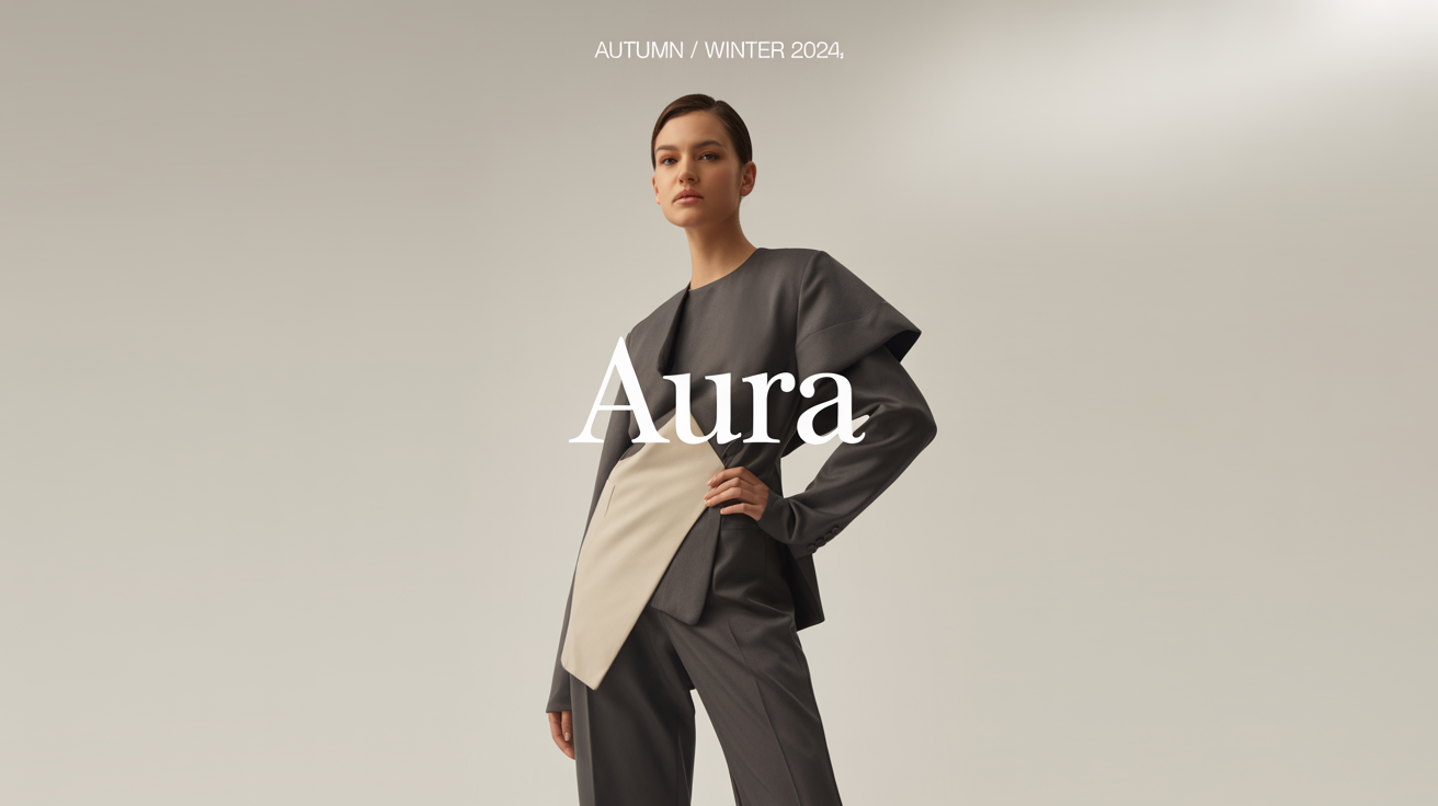 A sleek, modern lookbook cover for 'AURA' fashion brand's 'Autumn / Winter 2024' collection, featuring a high-fashion model against a minimal background.