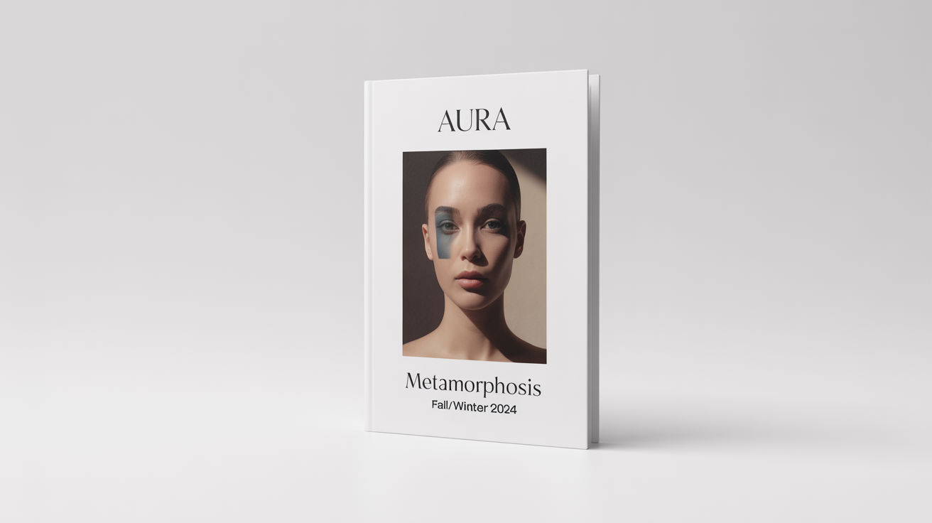 A mockup of a stylish fashion lookbook cover titled 'AURA' and 'Metamorphosis', featuring an artistic photo of a model, set against a plain white background.