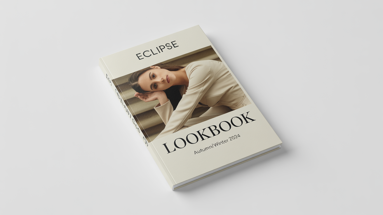 A professional mockup of a chic fashion lookbook cover for the brand 'ECLIPSE', featuring the title 'LOOKBOOK' and 'AUTUMN/WINTER 2024' on a white background.