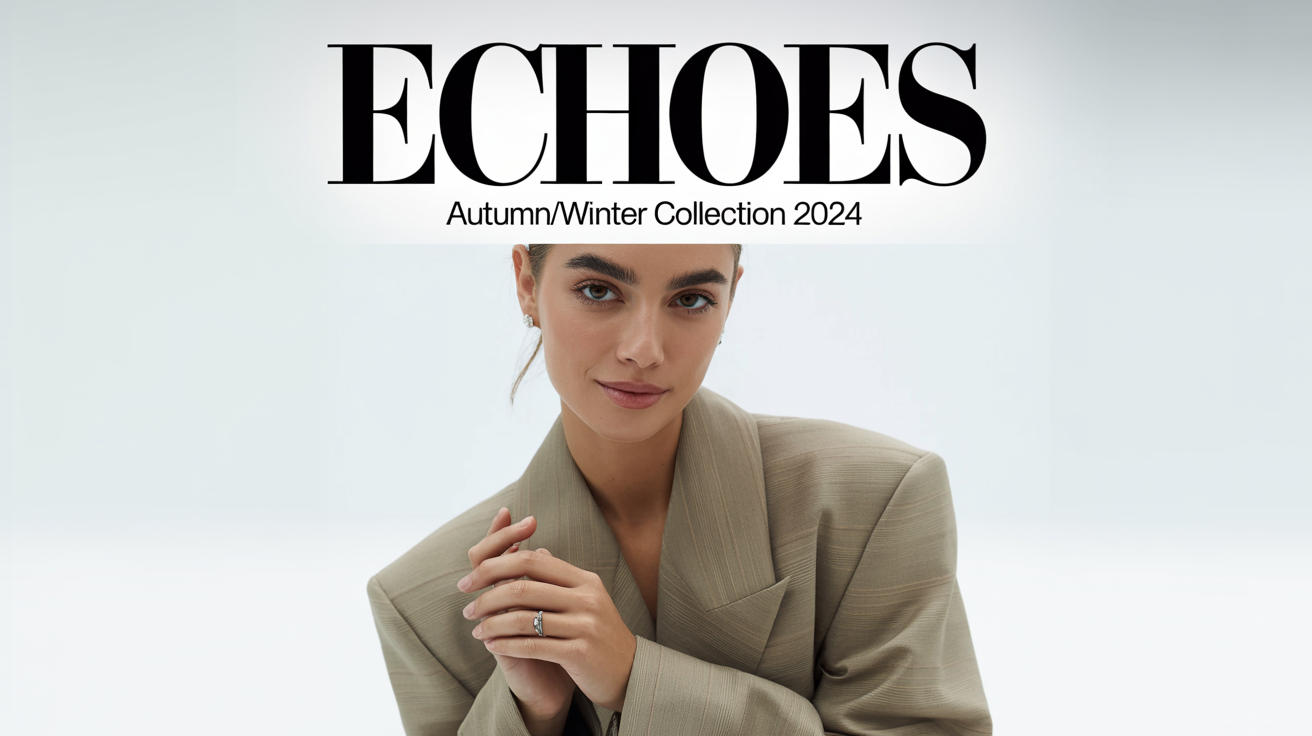 A mockup of a chic fashion lookbook cover titled 'ECHOES' for the Autumn/Winter Collection 2024, featuring a model in a stylish blazer against a white background.