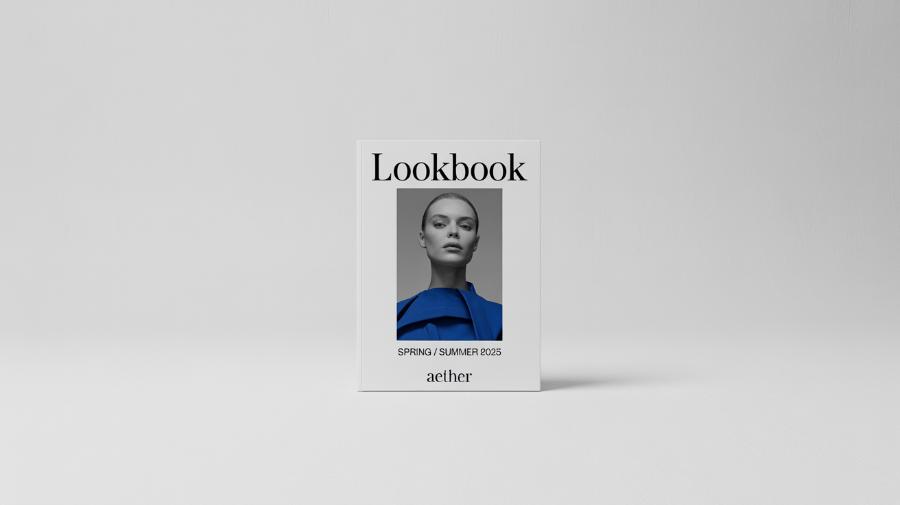 A photorealistic mockup of a modern fashion lookbook cover lying on a white surface. The cover features a high-fashion model and includes the legible text "LOOKBOOK", "SPRING / SUMMER 2025", and the brand name "AETHER".