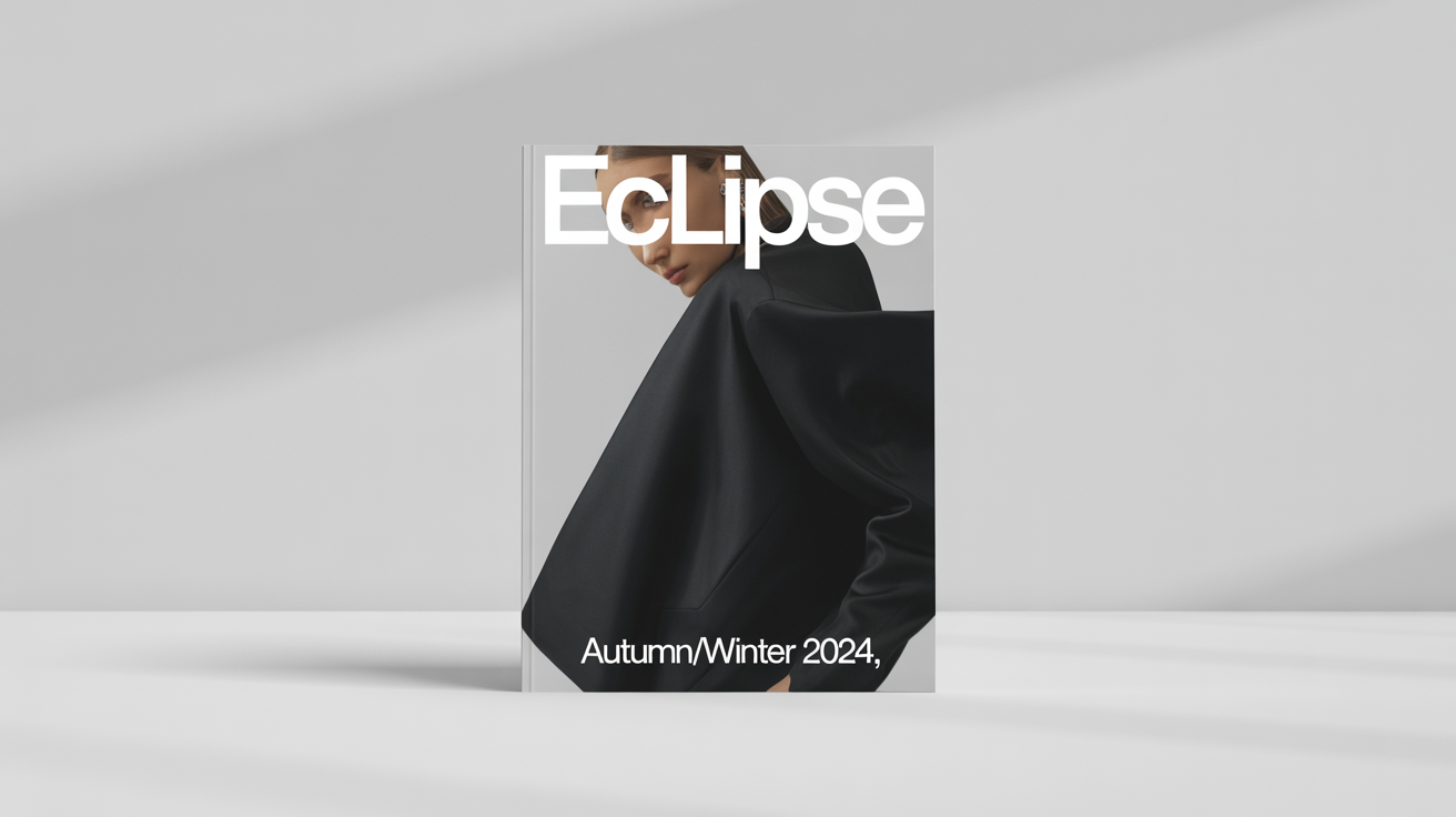 A mockup of a minimalist high-fashion lookbook cover titled 'ECLIPSE', featuring a model in a black dress, set against a clean white background.