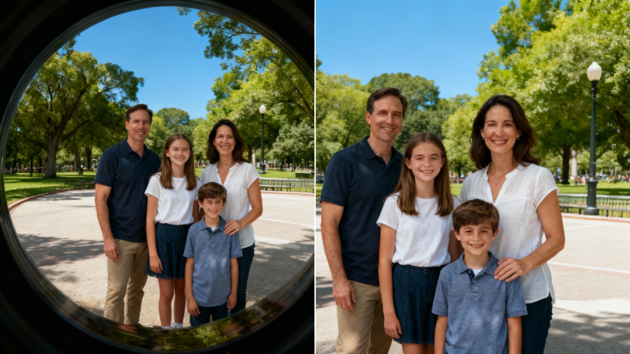 A before-and-after comparison of a family photo being dewarped. The left side shows the image with curved, distorted lines from a wide-angle lens, and the right side shows the corrected version with perfectly straight lines and natural proportions.
