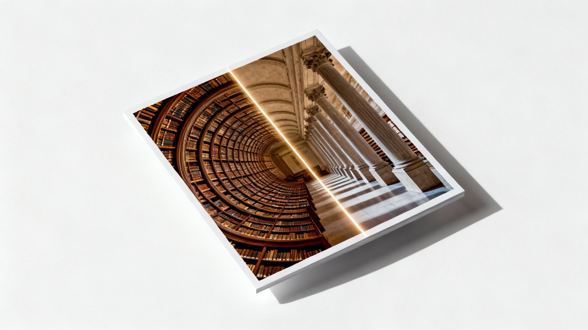A photograph of a library, split in half: the left side is warped and distorted, while the right side is perfectly straight and corrected, illustrating the photo dewarping effect.