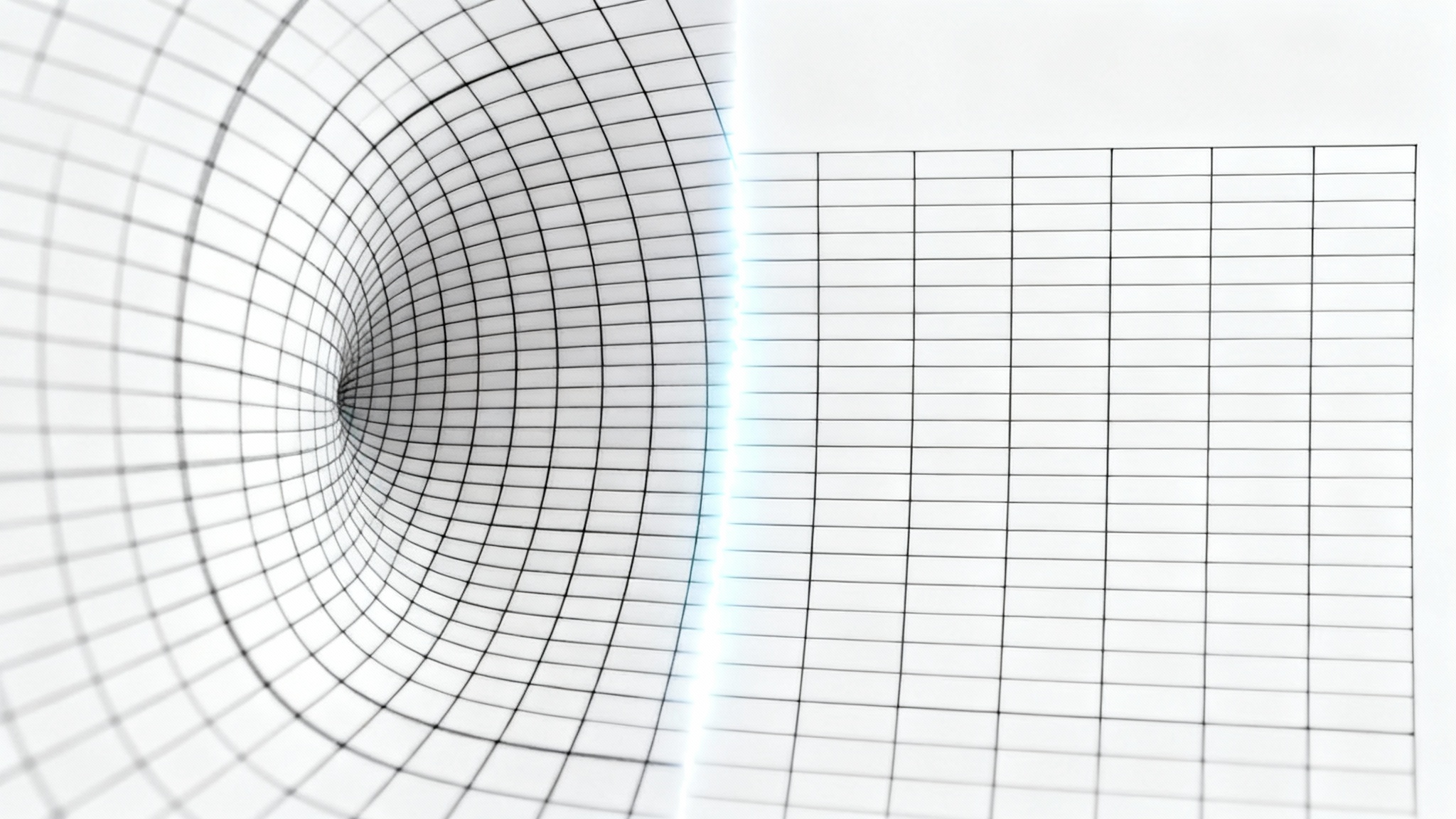 A before-and-after image showing a photo dewarping effect. The left side shows a grid with curved, distorted lines, and the right side shows the same grid with perfectly straight, corrected lines.