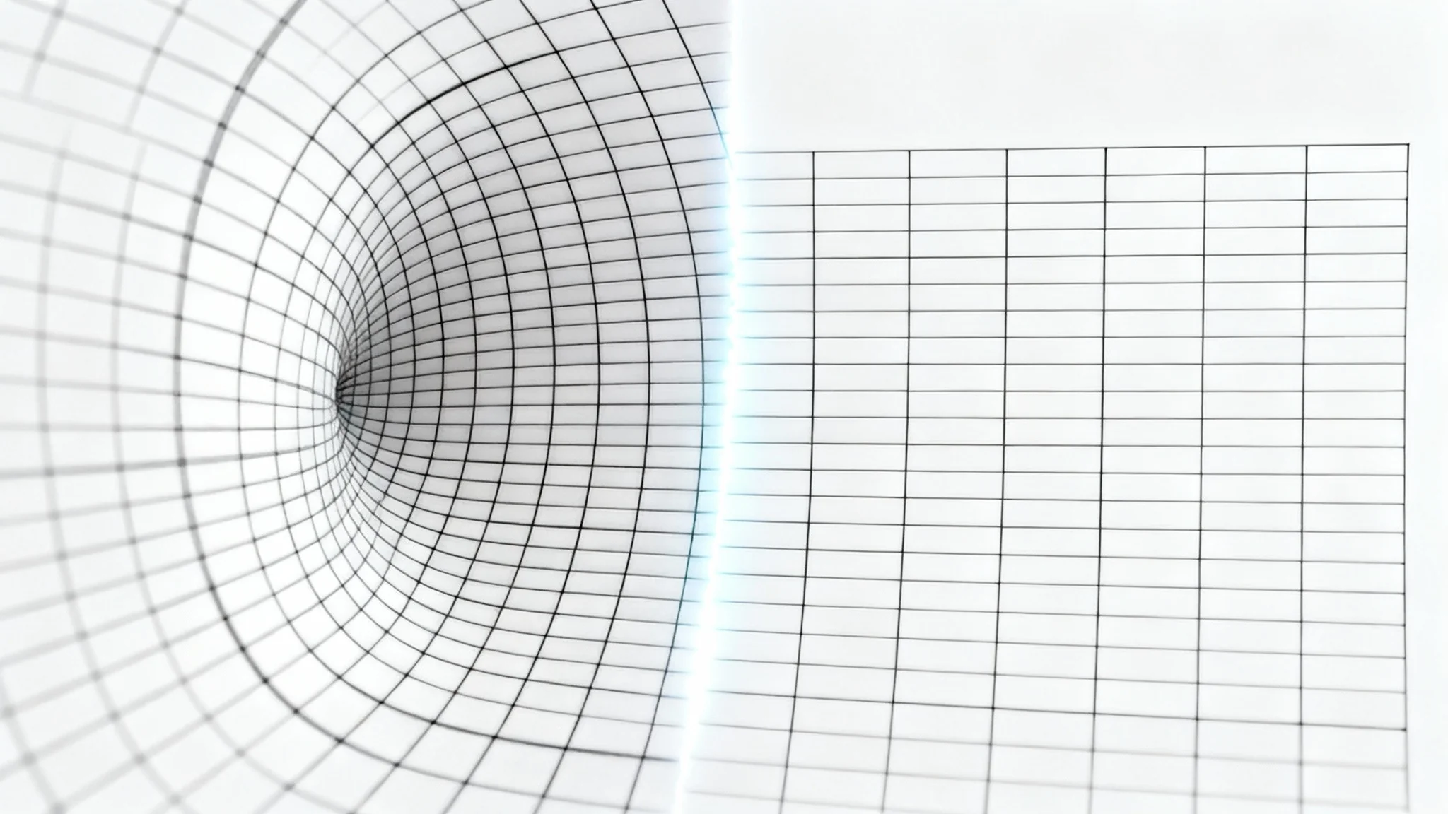 A before-and-after image showing a photo dewarping effect. The left side shows a grid with curved, distorted lines, and the right side shows the same grid with perfectly straight, corrected lines.