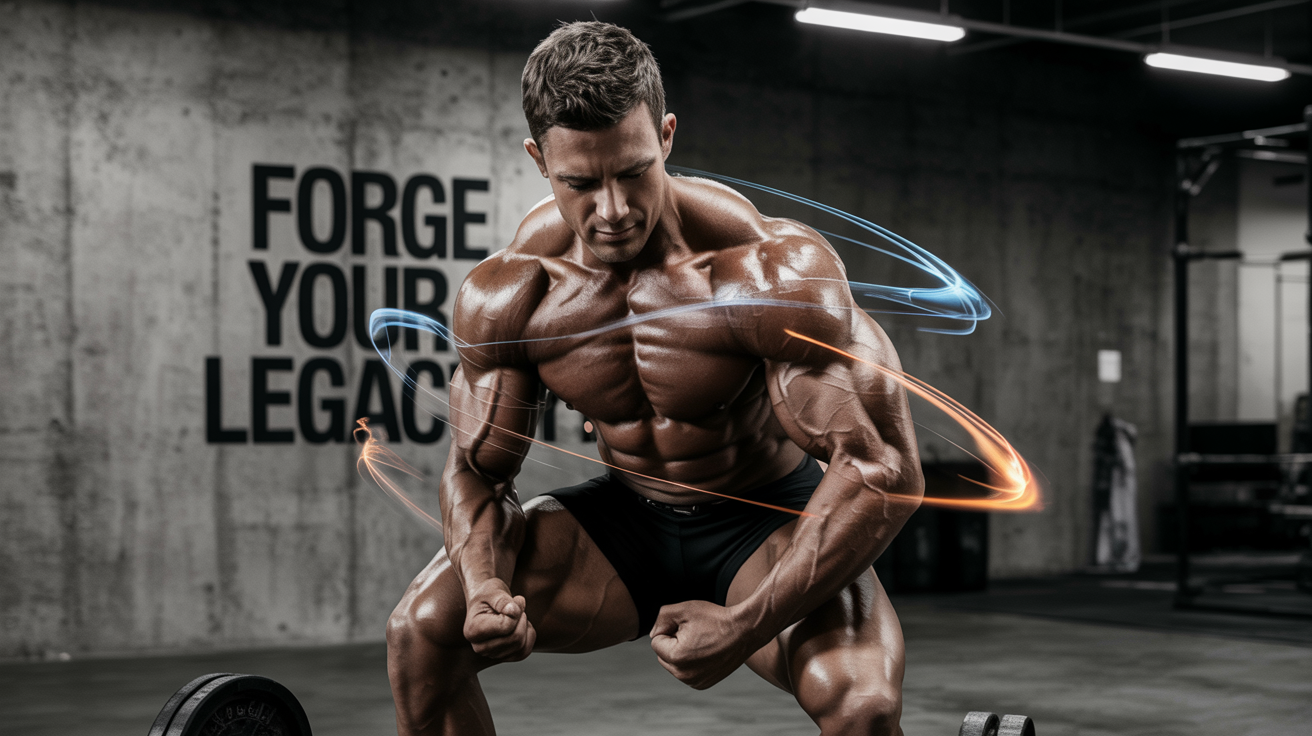 A motivational wallpaper for a computer screen showing a muscular bodybuilder flexing, surrounded by blue and orange light effects, with the text 'FORGE YOUR LEGACY' written in a bold font.