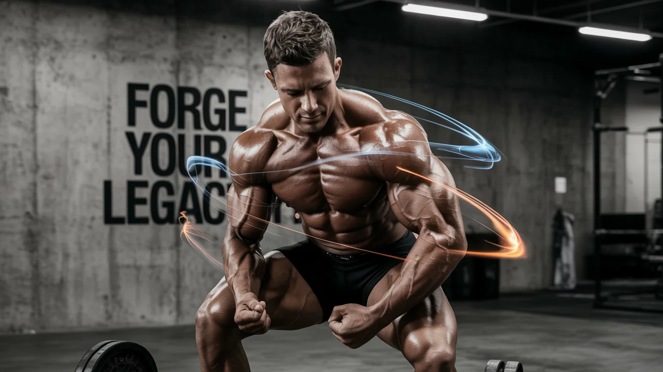 A motivational wallpaper for a computer screen showing a muscular bodybuilder flexing, surrounded by blue and orange light effects, with the text 'FORGE YOUR LEGACY' written in a bold font.