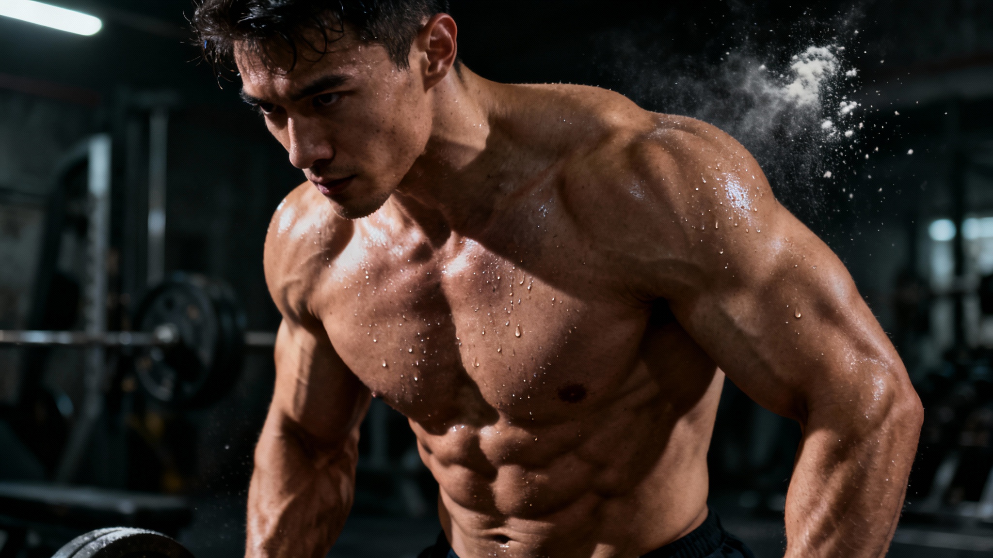 A hyper-realistic wallpaper of a muscular bodybuilder posing under dramatic lighting in a gritty gym, showing intense focus and muscle definition.