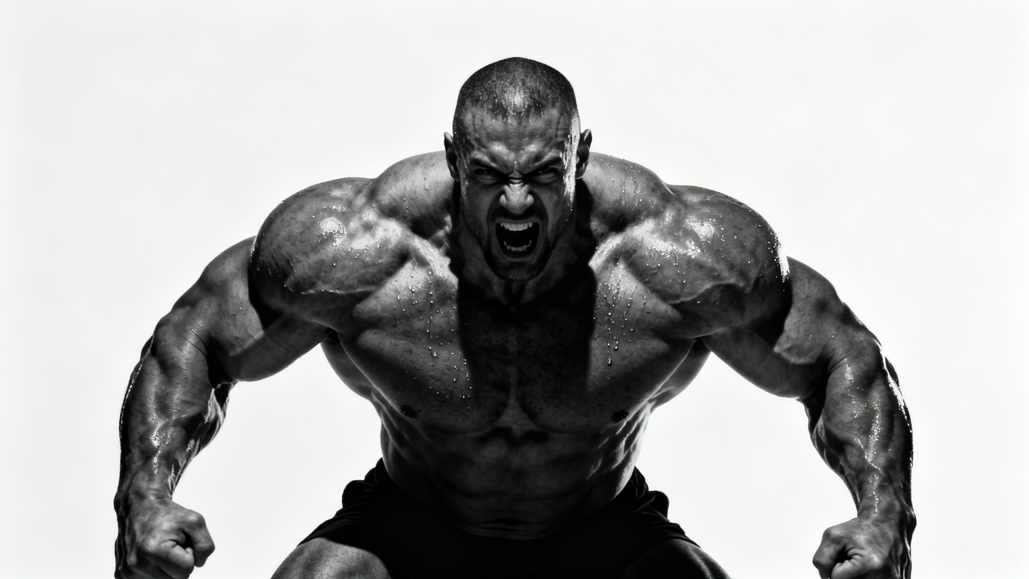 A hyper-realistic wallpaper of a muscular bodybuilder in a powerful pose against a plain white background, with dramatic lighting emphasizing his physique.