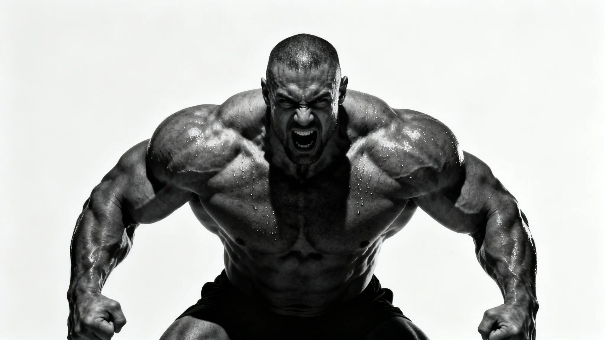A hyper-realistic wallpaper of a muscular bodybuilder in a powerful pose against a plain white background, with dramatic lighting emphasizing his physique.