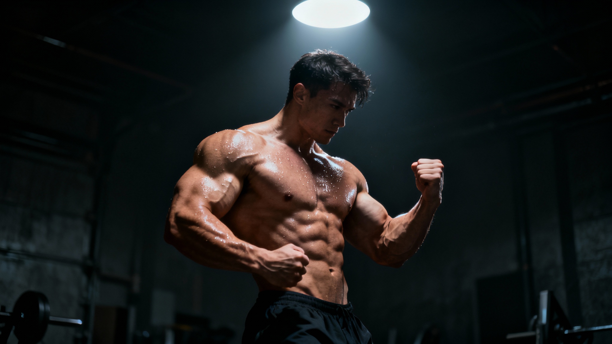 A hyper-realistic wallpaper of a muscular bodybuilder flexing under a spotlight against a dark, gritty background, creating a powerful and motivational image.