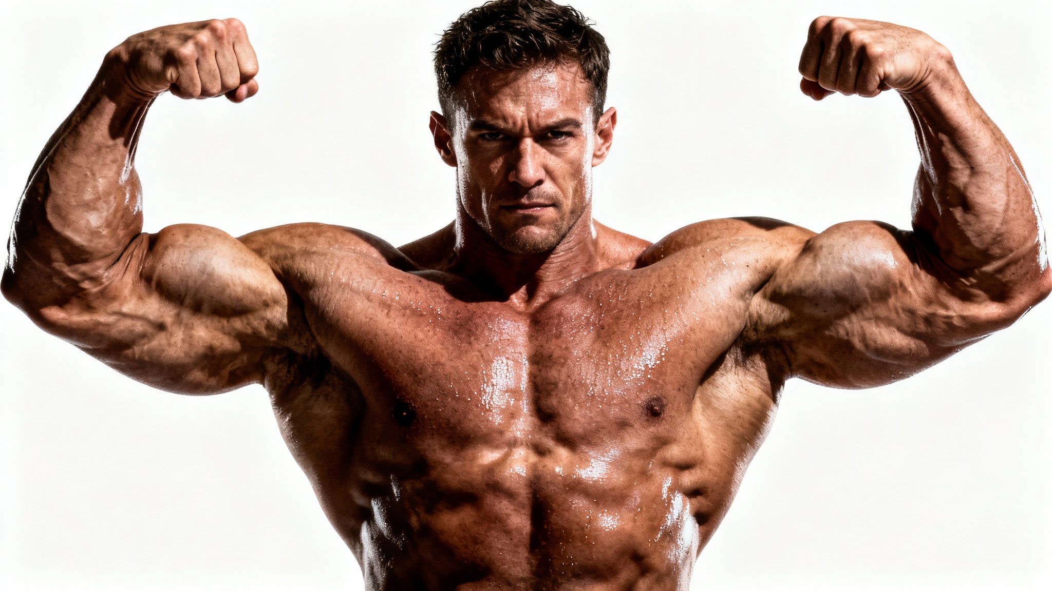 A powerful male bodybuilder with a highly muscular physique strikes a double bicep pose against a clean white background, creating a motivational wallpaper design.