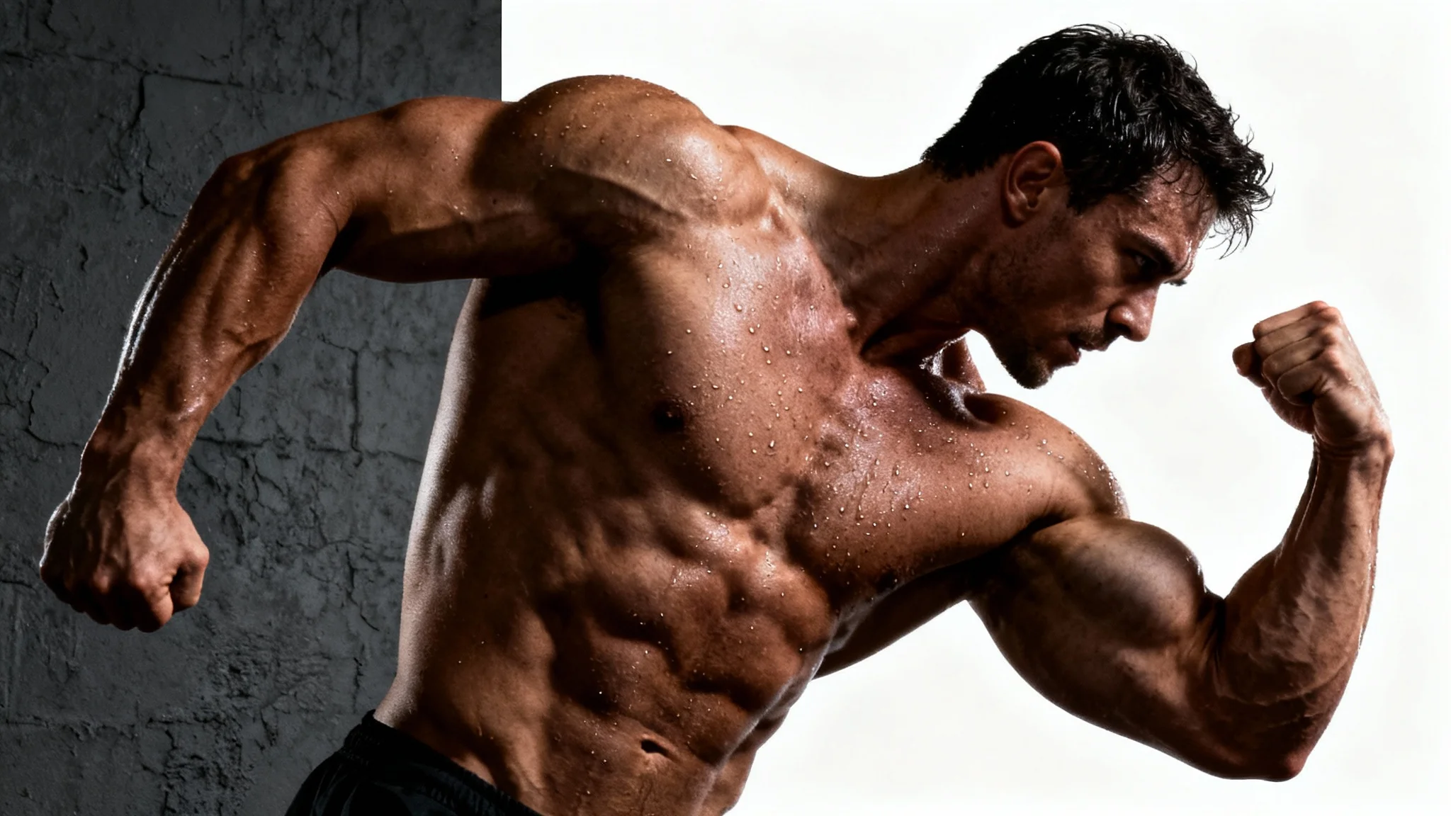 A hyper-realistic wallpaper mockup of a muscular bodybuilder flexing, with dramatic lighting highlighting his defined muscles against a dark background.