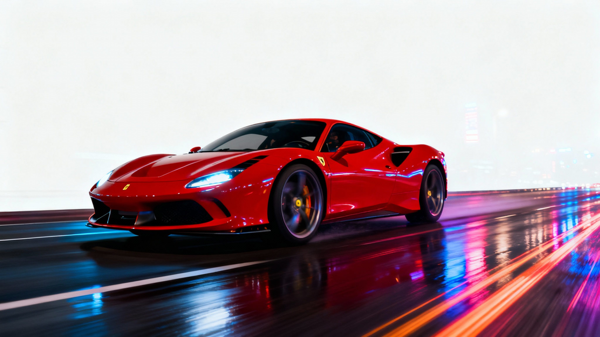 A photorealistic image of a red sports car in sharp focus, speeding through a city at night. The background is a dramatic blur of light streaks, illustrating a motion blur effect.