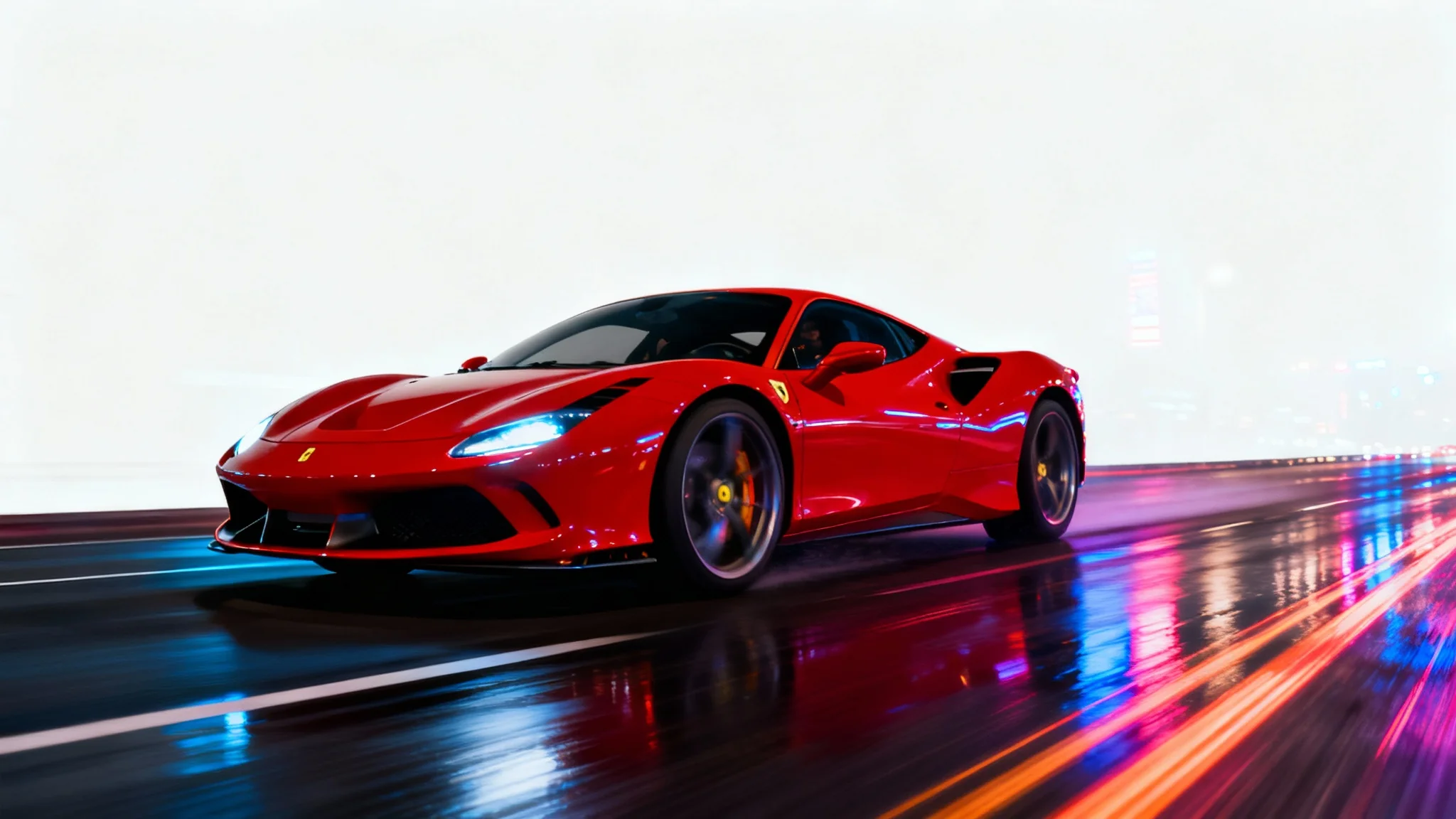 A photorealistic image of a red sports car in sharp focus, speeding through a city at night. The background is a dramatic blur of light streaks, illustrating a motion blur effect.