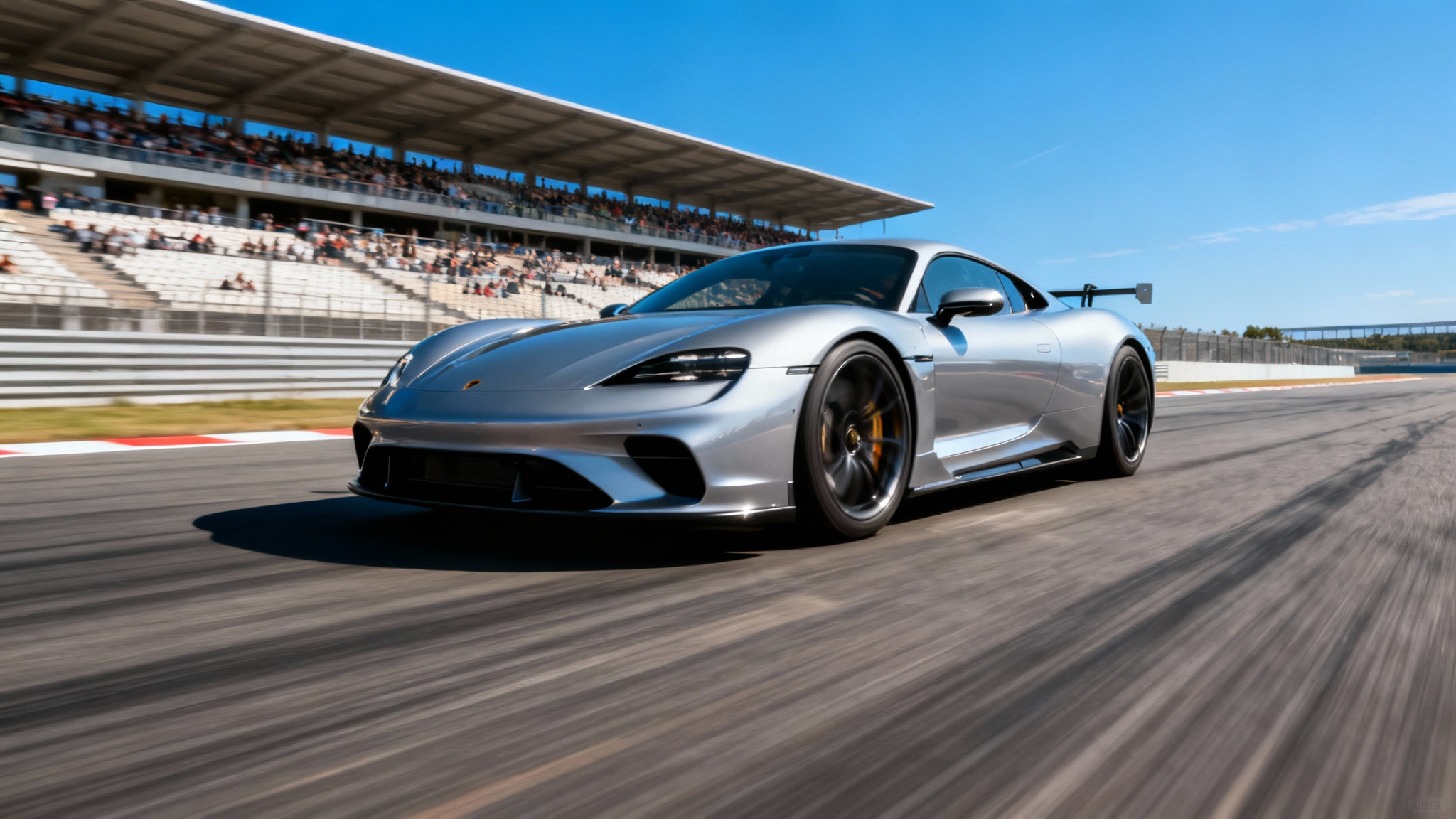 A sleek silver sports car captured in sharp focus as it speeds around a racetrack, with the background blurred to create a powerful sense of motion.
