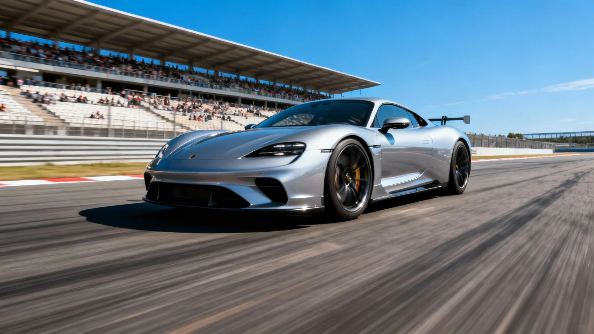 A sleek silver sports car captured in sharp focus as it speeds around a racetrack, with the background blurred to create a powerful sense of motion.