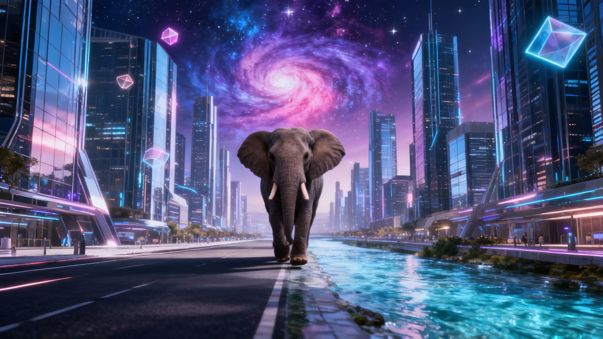 A surreal and beautiful composite image showing a giant elephant walking down a futuristic city street that turns into a river, under a vibrant galaxy nebula sky.