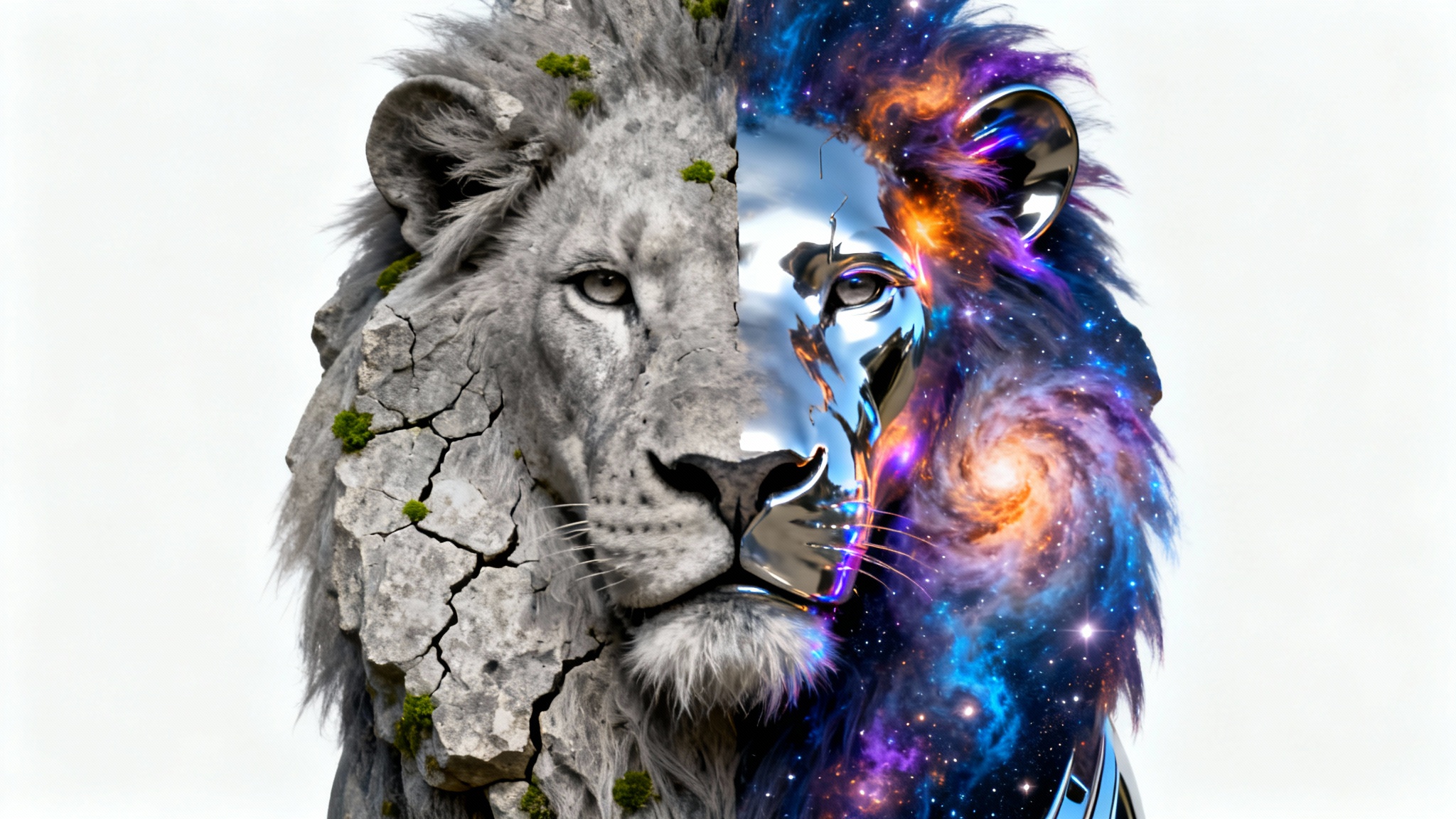 A surreal composite image of a lion's head on a white background. Its mane is a colorful galaxy, and its face is split between ancient stone on one side and reflective chrome on the other, symbolizing the fusion of different elements.