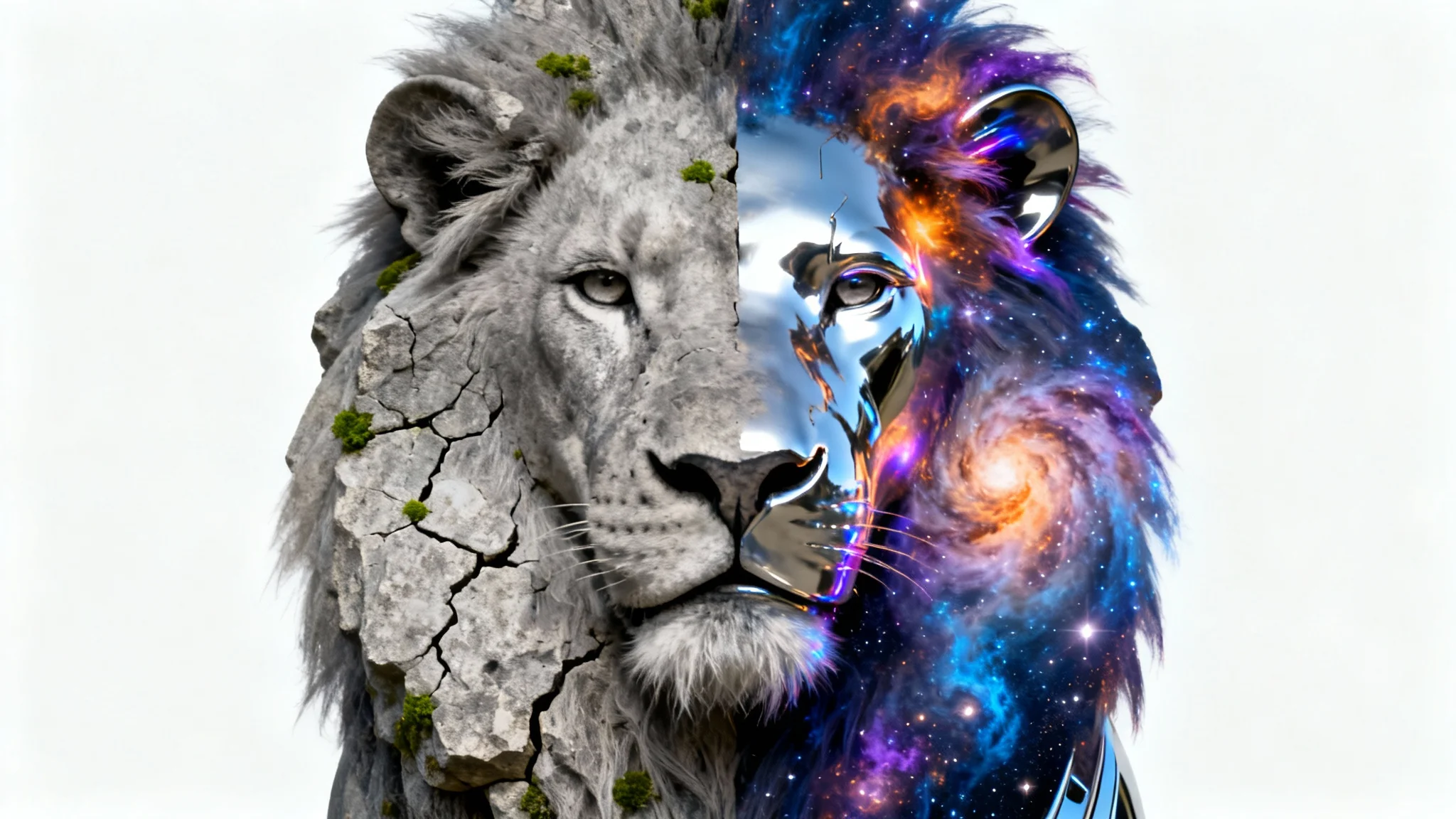 A surreal composite image of a lion's head on a white background. Its mane is a colorful galaxy, and its face is split between ancient stone on one side and reflective chrome on the other, symbolizing the fusion of different elements.
