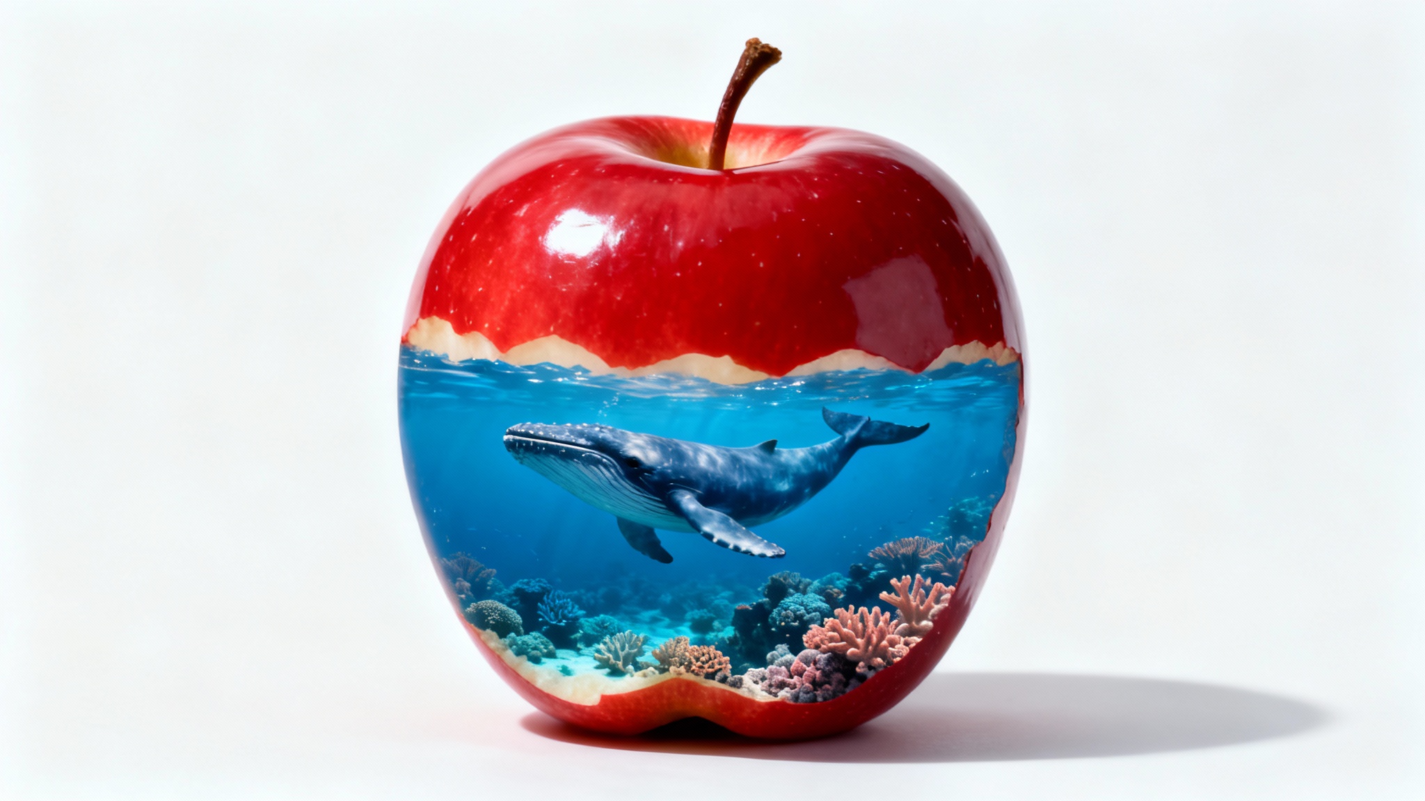 A surreal and artistic composite image of a red apple on a white background. The bottom half of the apple is a cross-section revealing a miniature, detailed ocean scene with a whale swimming inside.