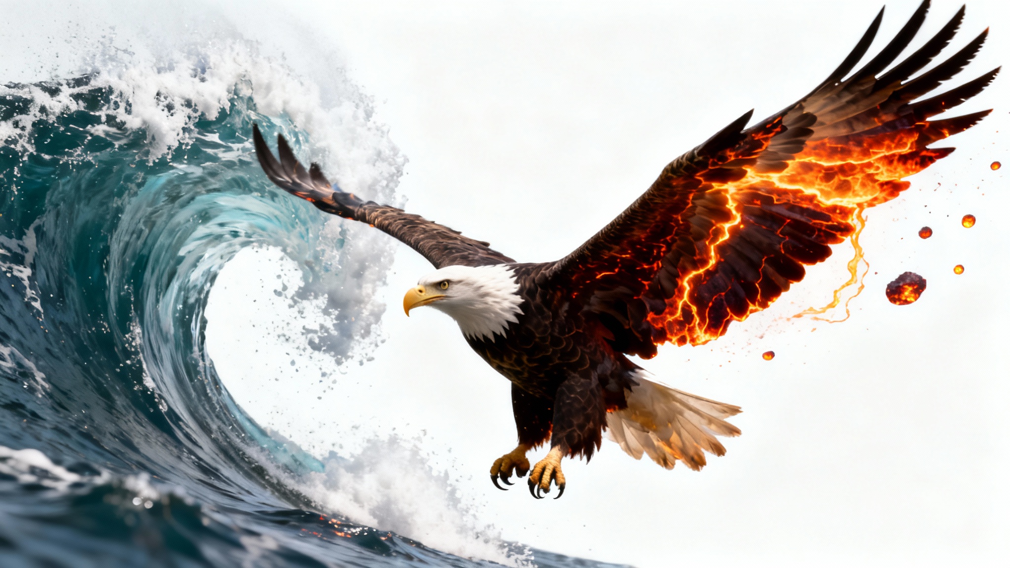 A photorealistic composite image of an eagle in flight, with one wing made of a crashing ocean wave and the other of flowing lava, set against a plain white background.