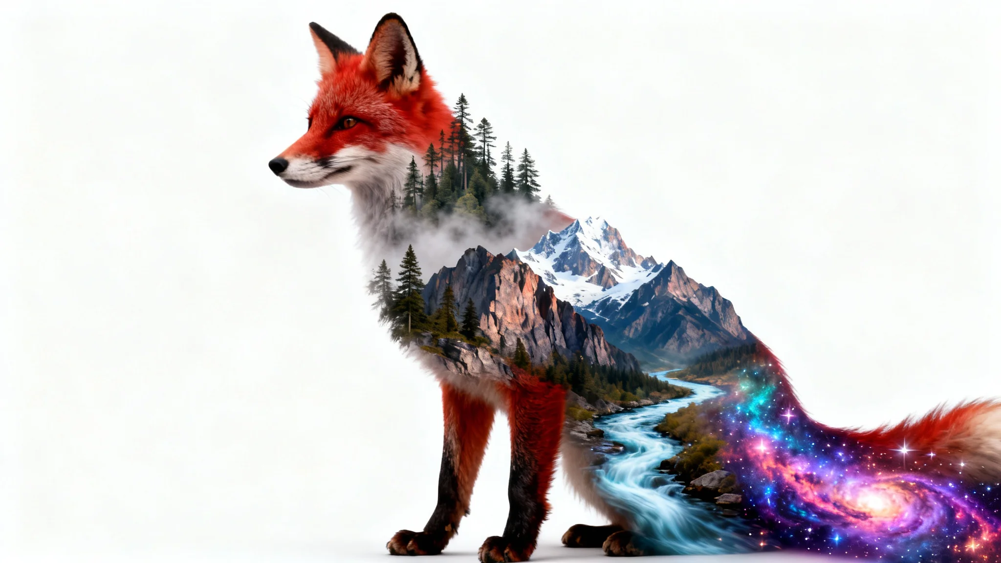 A surreal composite image of a fox on a white background. The fox's body is made up of different landscapes: its head is a forest, its body is a mountain range, and its tail is a cosmic nebula.