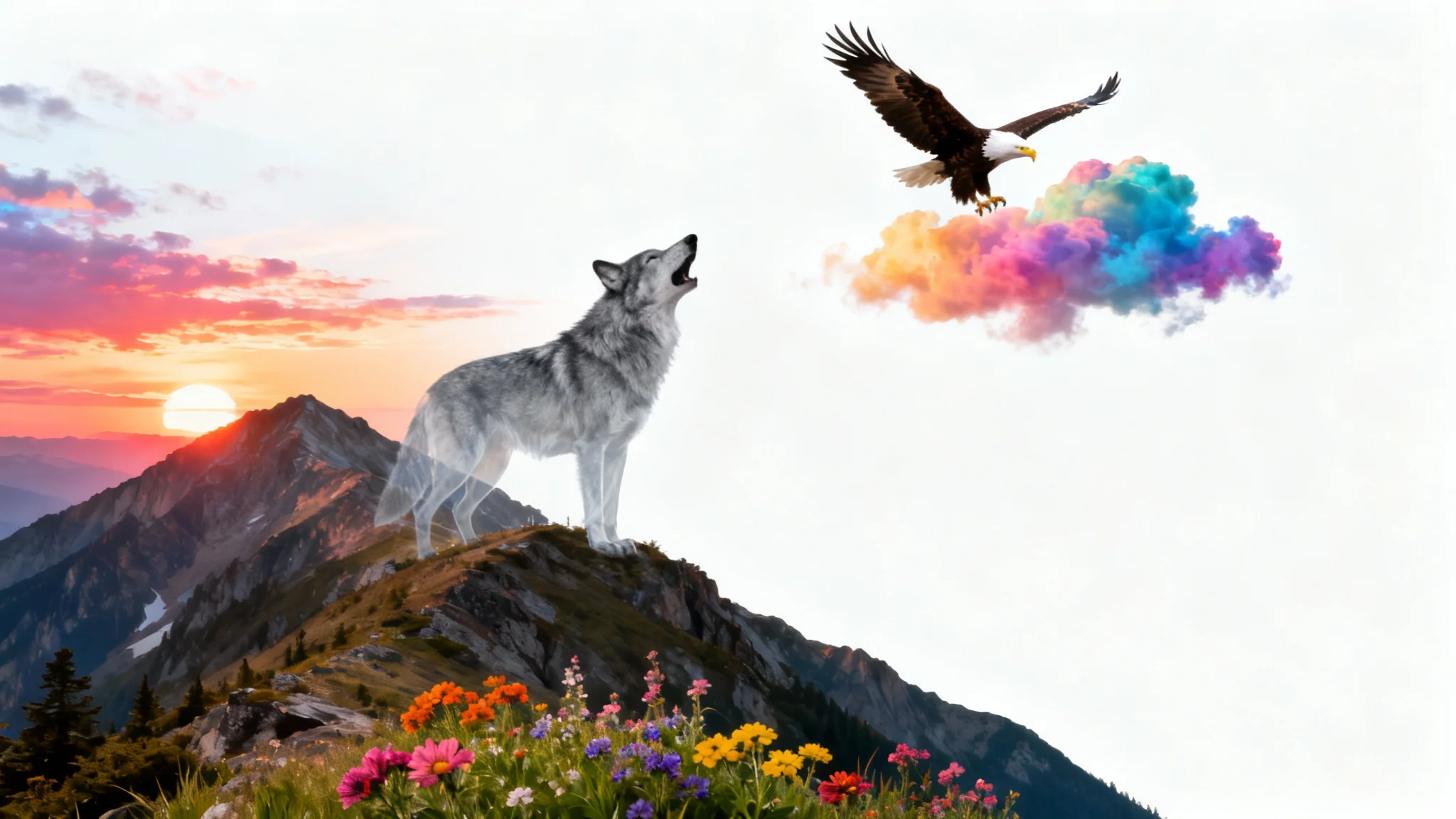 A surreal composite image showing a mountain sunset blended with a wolf, an eagle, and wildflowers, presented as a mockup on a clean white background.