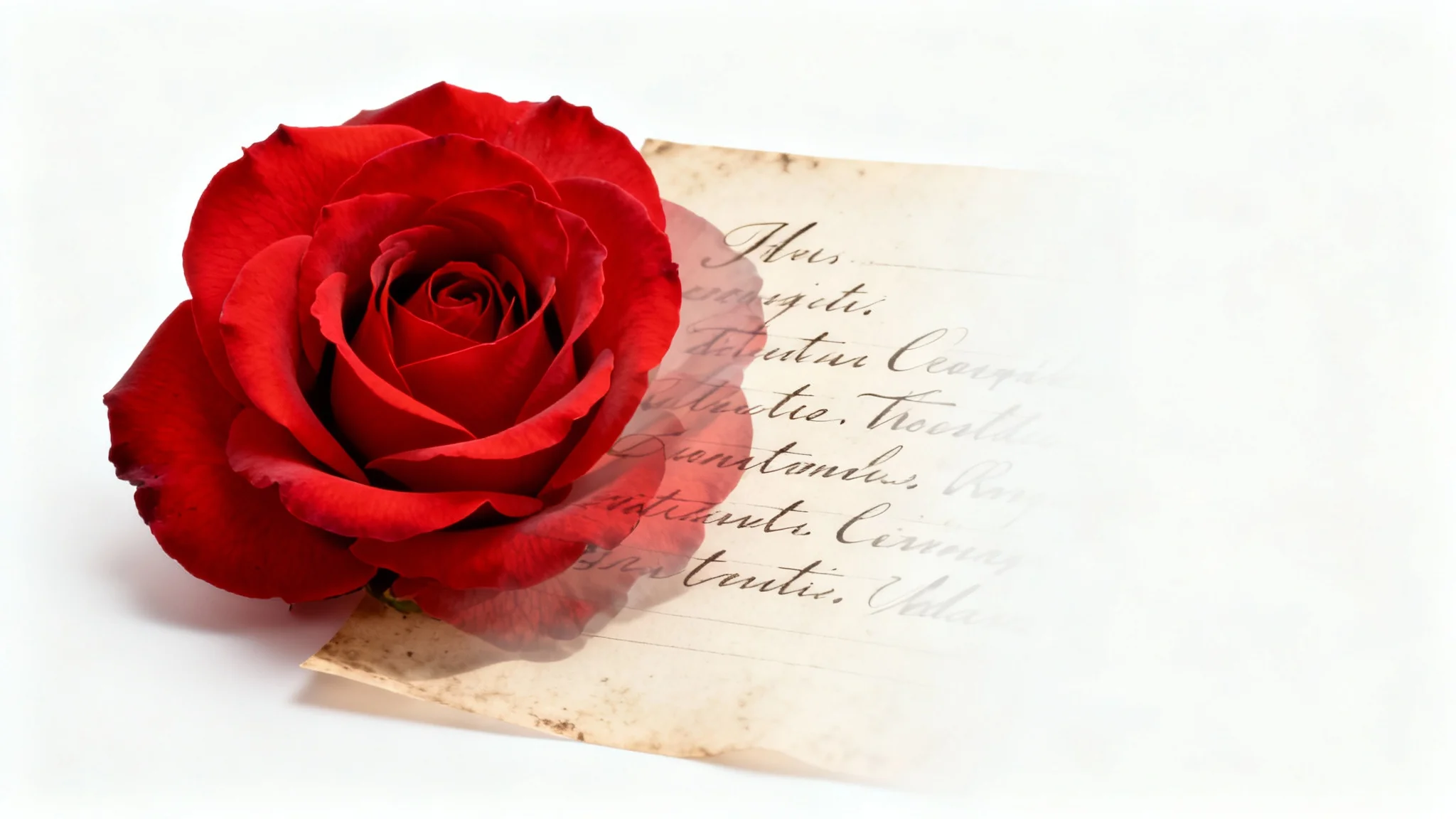 An image demonstrating opacity adjustment, showing a red rose layered over a handwritten letter. The rose is fully opaque on the left and fades to transparent on the right, revealing the letter underneath.
