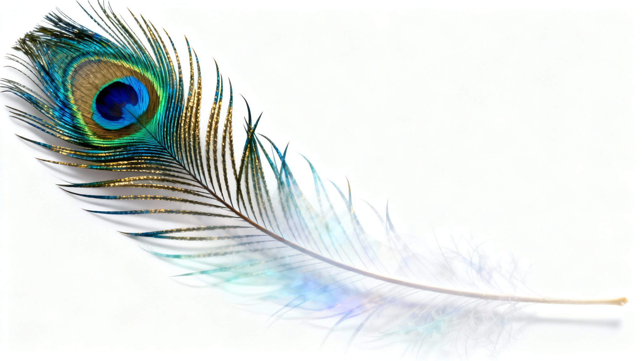 A close-up of a peacock feather transitioning diagonally from fully opaque and vibrant on one side to faint and semi-transparent on the other, visually demonstrating an opacity adjustment.