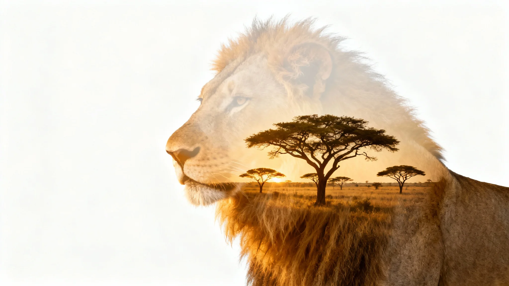 A conceptual mockup for adjusting image opacity, showing a semi-transparent, photorealistic lion's head overlaid on a golden savanna landscape, isolated on a white background.