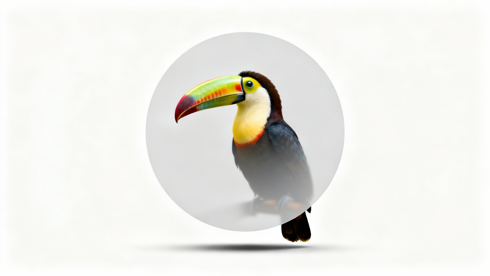A colorful toucan with a semi-transparent gray circle laid over it to demonstrate an image opacity effect, against a white background.