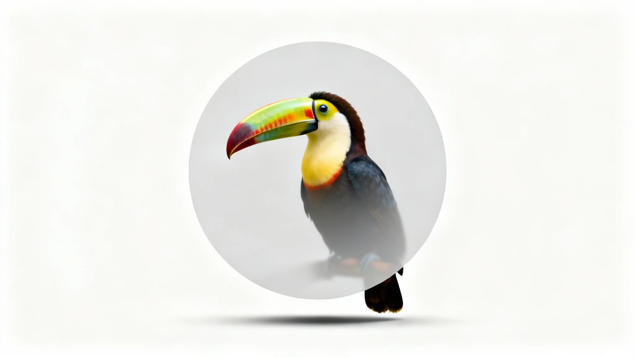 A colorful toucan with a semi-transparent gray circle laid over it to demonstrate an image opacity effect, against a white background.