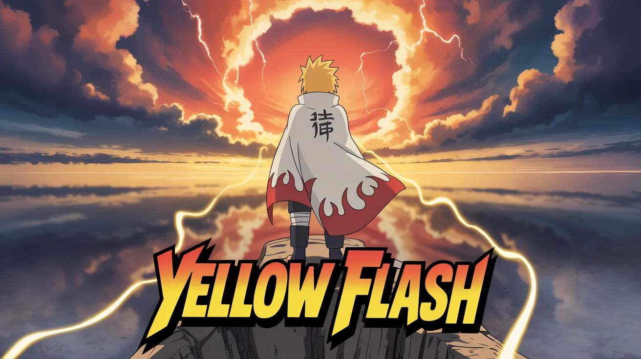 A finished 16:9 desktop wallpaper of the anime character Minato Namikaze in a heroic pose on a cliff against a dramatic sunset. The wallpaper has been professionally designed with added graphic elements and the stylized text 'YELLOW FLASH'.