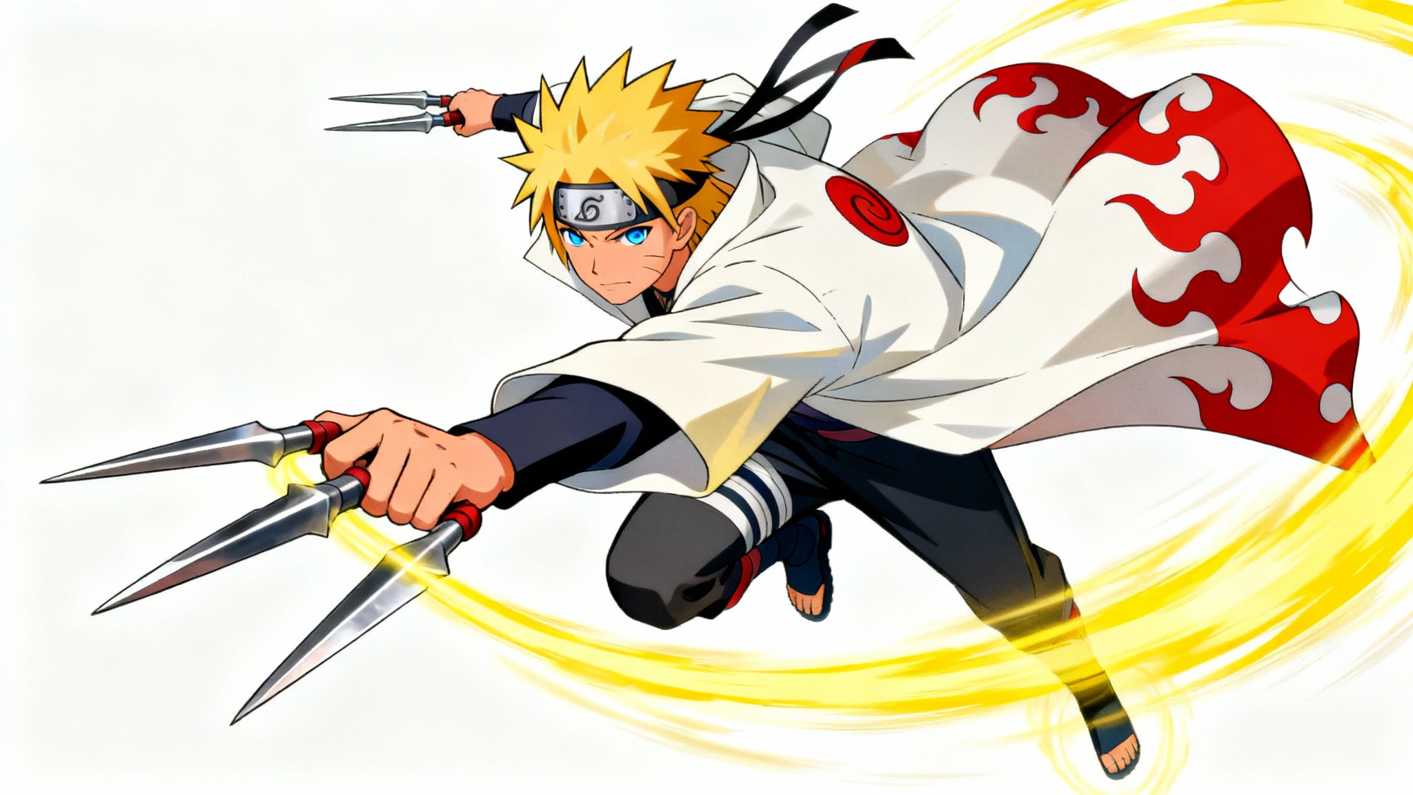 Dynamic phone wallpaper featuring Minato Namikaze from Naruto. He is depicted in mid-air, holding a kunai, with his white Hokage cloak and a yellow energy trail flowing behind him, all against a clean white background.