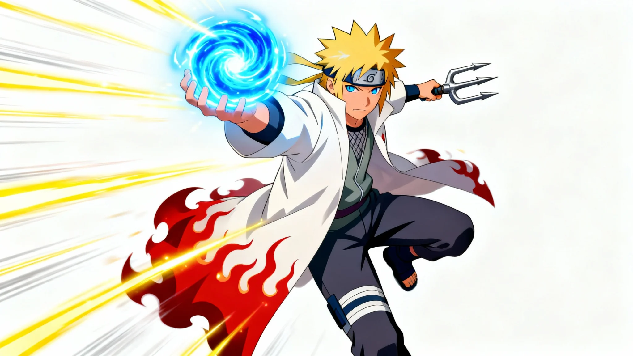 An epic anime wallpaper of Minato Namikaze, the Fourth Hokage, set against a clean white background. He's in a dynamic mid-air pose, wielding a glowing blue Rasengan and his signature kunai, with his white coat flowing behind him.