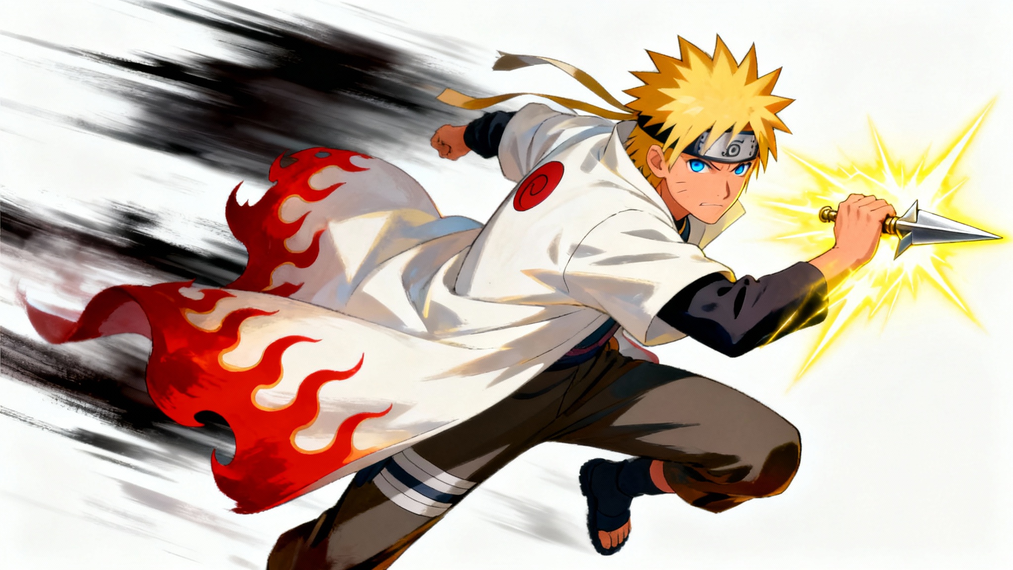 A dynamic anime-style wallpaper of Minato Namikaze, the Fourth Hokage. He is shown in a powerful action pose, lunging forward with a kunai, surrounded by a vibrant yellow energy flash. The artwork is presented as a mockup against a clean white background.