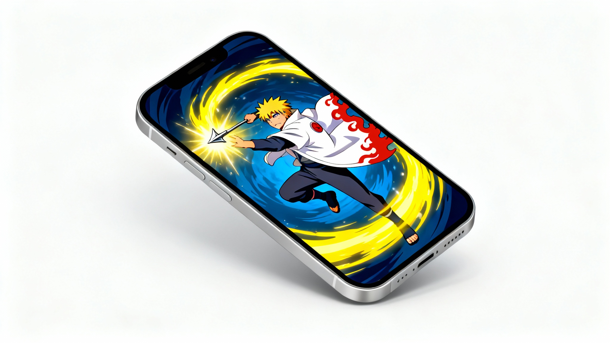 A smartphone mockup displaying a dynamic anime wallpaper of Minato Namikaze in an action pose, set against a clean white background.