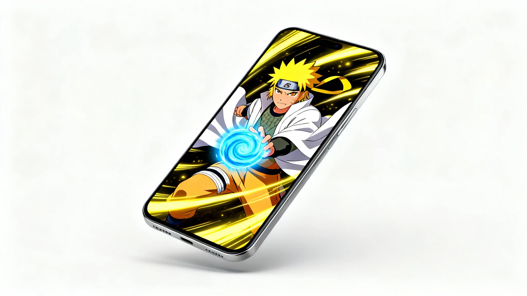 A smartphone on a white background displaying a dynamic wallpaper of the anime character Minato Namikaze in an action pose with a glowing Rasengan.